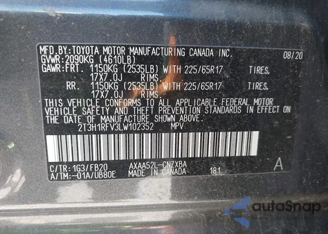 2020 Toyota Rav4 Le z USA, uszkodzony, nr VIN 2T3H1RFV3LW102352